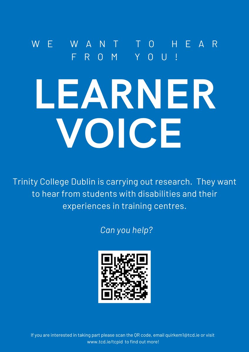 🔍 Are you a learner with a disability in specialist training in Ireland? Share your experiences & hopes for the future with TCPID's LEARNER VOICE research project for @SOLASFET Click the link to participate & have your voice heard! #disability More: learnervoice.my.canva.site/about