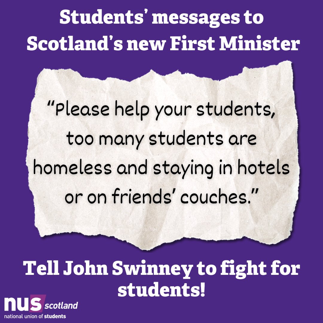 Students have been sending us their messages to the new First Minister.

This student wants @JohnSwinney to address the shocking rate of student homelessness.

Tell the new First Minister to #FixStudentHousing nus-scotland.org.uk/fix_student_ho…