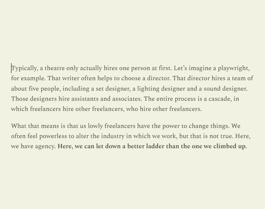 FergusMorgan's tweet photo. Last week, @royalcourt announced it was openly hiring an associate playwright for the first time.

In The Crush Bar's first guest essay, @open_hire co-founder @JoshRoche1 discusses how freelancers can work to make theatre's hiring systems fairer, too.

Link to read/sub in bio. https://t.co/iVYXNk7ZZK