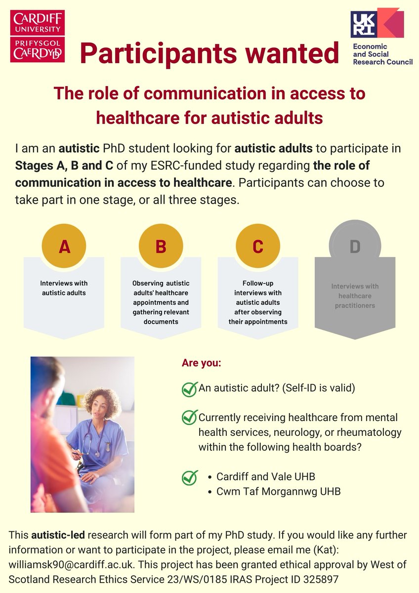 **Research opportunity** I am an autistic PhD student at Cardiff University, looking for participants for my study regarding the role of communication in access to healthcare for autistic adults. For more information, please email Kat using williamsk90@cardiff.ac.uk. 1/2