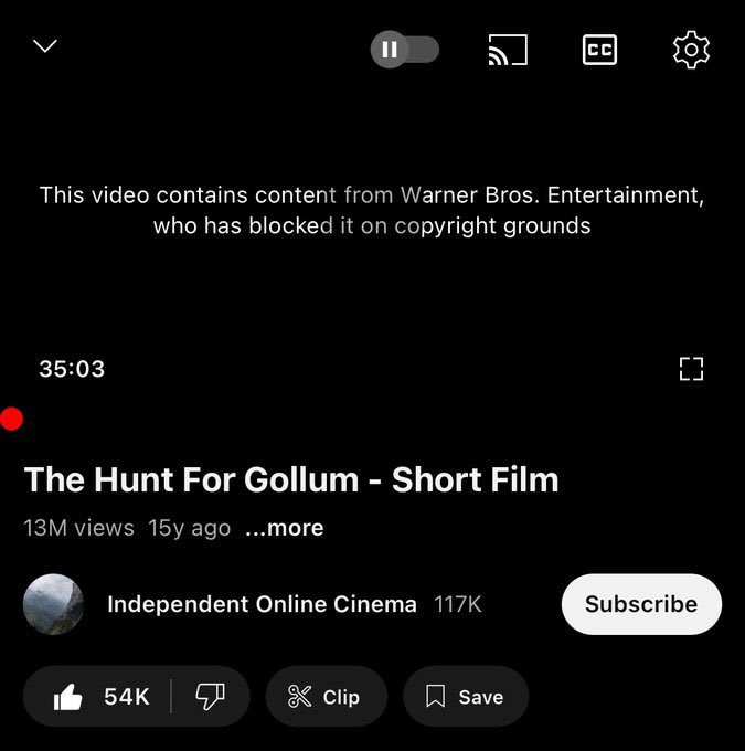 Warner Bros has issued a copyright strike to a fan film from 2009 titled ‘THE HUNT FOR GOLLUM’ less than a day after announcing their own film with the same title.

The fan film had over 13M views before being taken down.