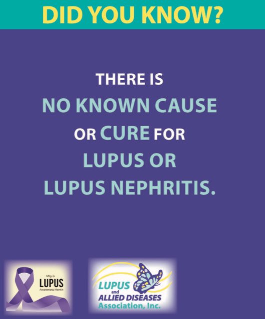 40% of people with #Lupus (SLE) have #LupusNephritis (LN), which is kidney inflammation that can lead to kidney failure. In addition, there is no known cause or cure for SLE or LN. Research to find the cure, better diagnostic tests, and more treatments is critical. #LupusResearch