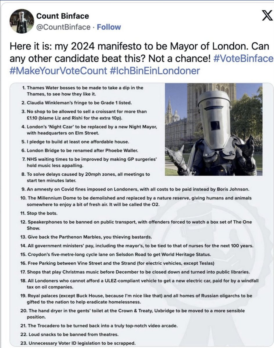 @LordRennard @CountBinface @PickardJE He had the best manifesto - incl All royal palaces (except the big one) and homes of Russian oligarchs to be gifted to the nation; @thameswater bosses to swim in Thames. Also, when interviewed, asked why Sangita Myska was off @LBC.
