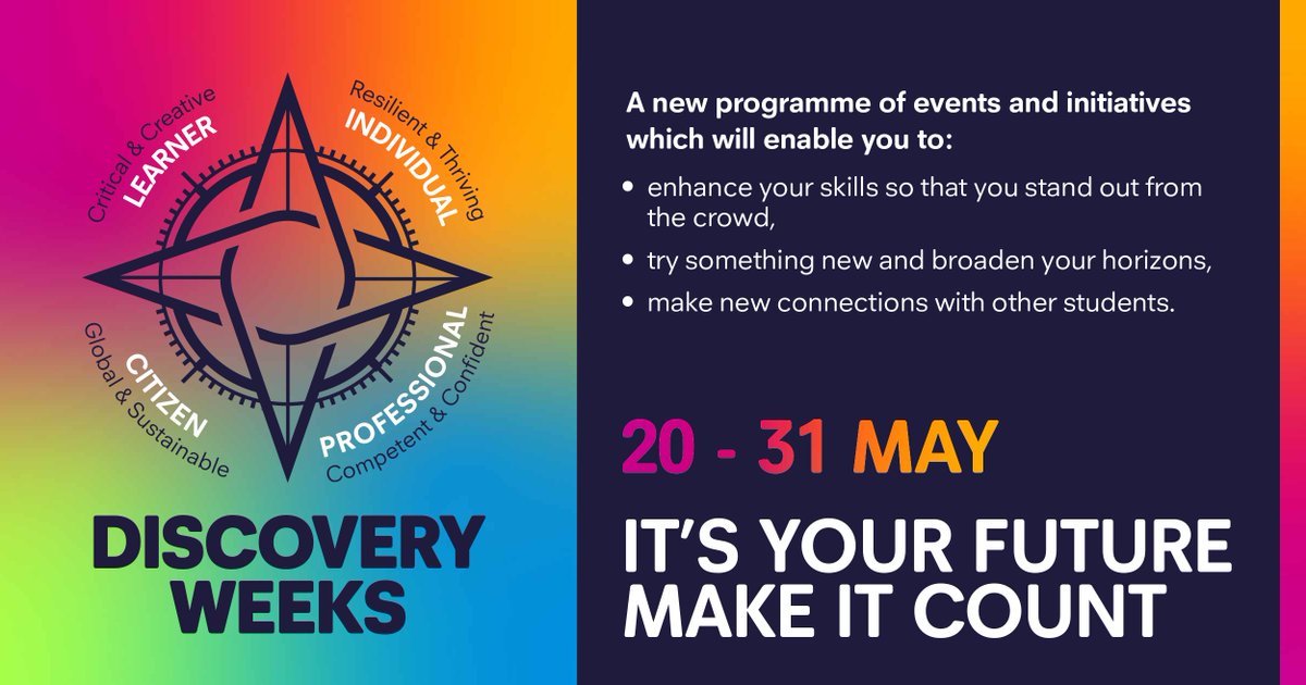 Discovery Weeks A new programme of events and initiatives for @PlymUni students that allows you to enhance your skills and stand out from the crowd. Try something new and broaden your horizons, and make new connections with other students. 📅 20-31 May plymouth.ac.uk/whats-on/disco…
