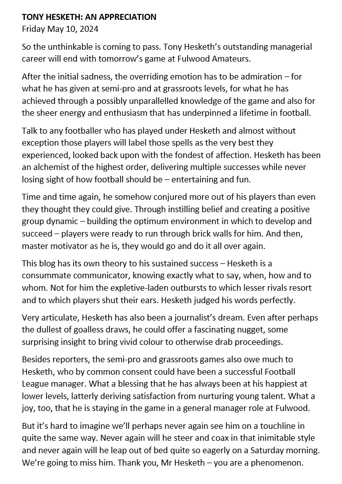 An appreciation of Tony Hesketh as he ends his glorious managerial career in #NonLeague and #grassrootsfootball ⬇️ @FulwoodAms1924 @LancasterCityFC @NPL @westlancsleague #Preston @kendaltownfc @chorleyfc @MorecambeFC