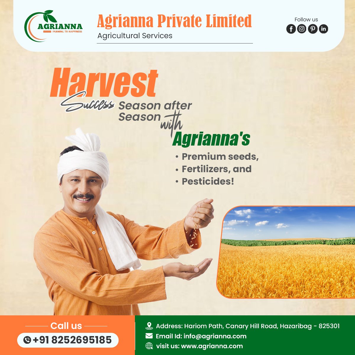 Harvest success, season after season, with Agrianna's premium seeds, fertilizers, and pesticides! 🌱🚜
Reach us -
Address-Hariom Path, Canary Hill Road, Hazaribag - 825301
Email id- agriannaprivatelimited@gmail.com.
#agrianna #cattlefeed #feed #agricultutre #agriproducts