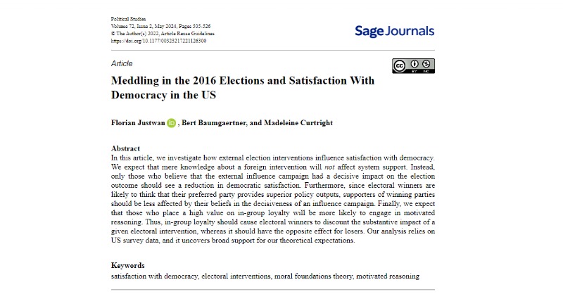 IN NEW ISSUE: Did Russian meddling decide the results of the 2016 US elections? @FJustwan, @bertybaums & @mad_eleine_c investigate how external election interventions influence satisfaction with democracy: ow.ly/yiKU50LxBbO (OPEN ACCESS) @PolStudiesAssoc @SAGECQPolitics