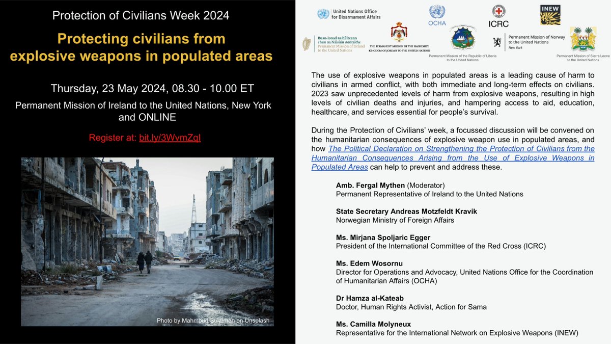 Join us for a side event during #POCWEEK2024 on 'Protecting Civilians from Explosive Weapons in Populated Areas'.

📍 23 May 2024, 08:30 ET, New York or online

Read more and register here ➡️ bit.ly/4dAsvhD

#EWIPA #NotATarget #ExplosiveWeapons