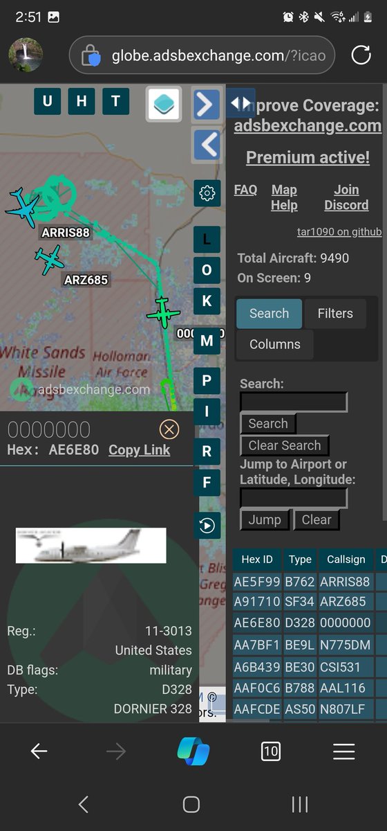 #AE6E80 as #DAGGR33 After a long night of circles, done headed back to KALM. #ARRIS88 #STORM11 and #ARZ685 remain in White Sands Missile Range and #BOE8BX out flying its long legged track.