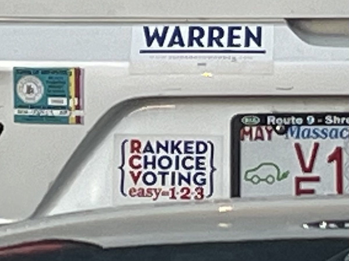 SAY NO TO RANKED CHOICE VOTING. I am seeing more and more bumper stickers around Massachusetts. This person also wants Elizabeth Warren 2024. #RankedChoiceVoting