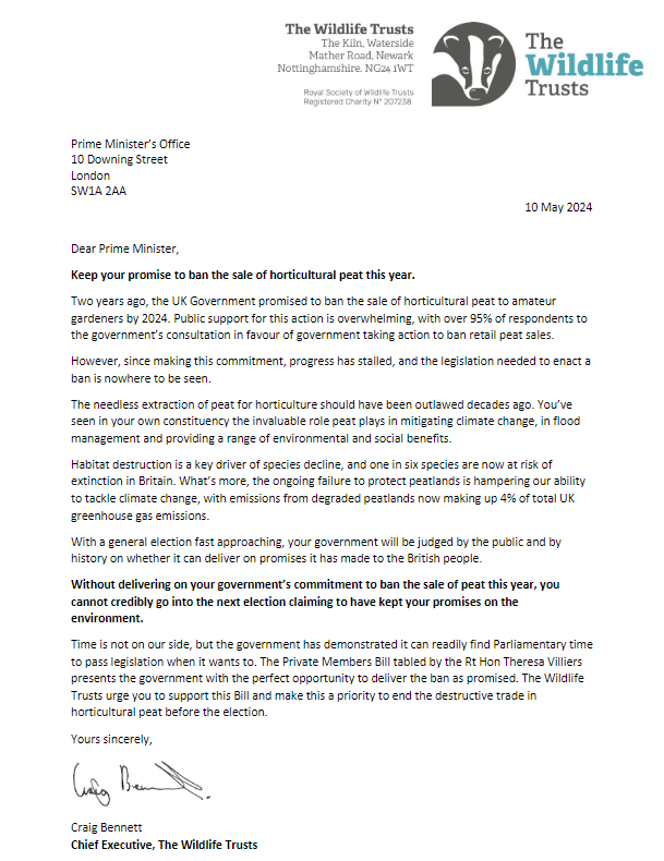 WildlifeTrusts's tweet image. Our CEO, @CraigBennett3 has written to the Prime Minister @RishiSunak to urge him to ban peat used in composts, as was promised. 🧵 (1/3)
