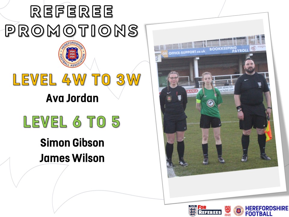 ⬆️ 𝗥𝗘𝗙𝗘𝗥𝗘𝗘 𝗣𝗥𝗢𝗠𝗢𝗧𝗜𝗢𝗡𝗦 ⬆️ We are delighted to confirm a host of promotions for both @WorcsFA and @HerefordshireFA match officials. Many congratulations to each referee! 👏🥳