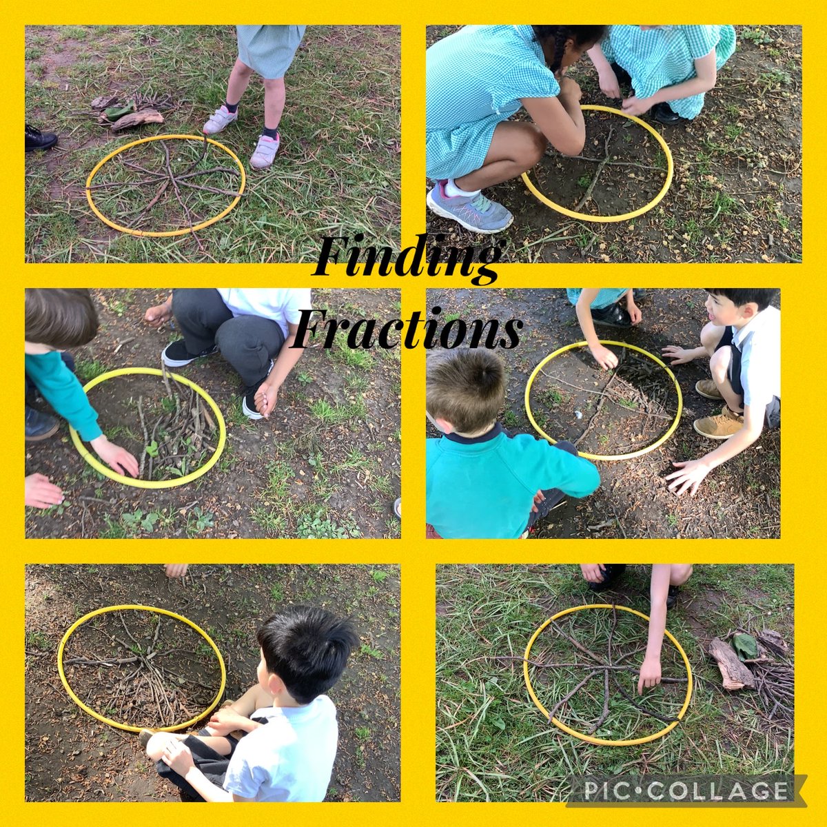 Fractions fun at Thompson’s Park with class 6. Can you cover two thirds of the hoop with natural objects? Which fraction is bigger? We love Forest Friday! ☘️🌼🌺🌱🍀🌲 #radnord6 #outdoorlearning