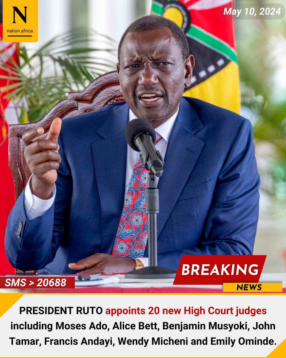 PRESIDENT RUTO appoints 20 new High Court judges including Moses Ado, Alice Bett, Benjamin Musyoki, John Tamar, Francis Andayi, Wendy Micheni and Emily Ominde. nation.africa/kenya/news/-pr…