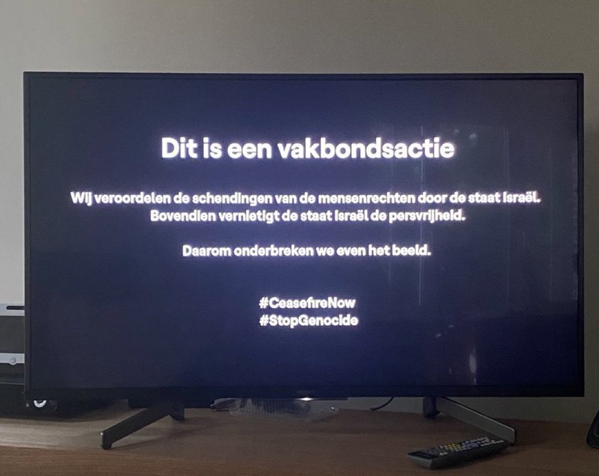 Fx1Jonny's tweet photo. So last night Belgium interrupted their broadcast of Eurovision to send this message:

“This is a union action. We condemn the human rights violations committed by Israel. Additionally, Israel is destroying press freedom. That is why we are pausing the broadcast for a moment.”

That’s class from Belgium 👏👏👏🇵🇸 🇧🇪