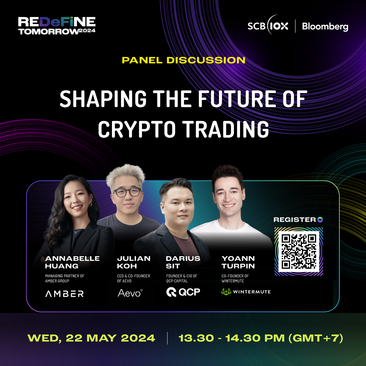 Meet the speakers at #REDeFiNETOMORROW2024 / 21-22 May 2024 Panel Discussion: Shaping the Future of Crypto Trading @_annabellehuang of @ambergroup_io @juliankoh of @aevoxyz @dariussitzl of @qcpcapital @YoannTurpin1 of @wintermute_t Free ticket: bloombergevents.com/SCB10x_2024