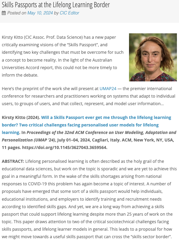 Will a Skills Passport ever get me through the lifelong learning border? Two critical challenges facing personalised user models for lifelong learning • <a href="/KirstyKitto/">Kirsty Kitto</a> breaks it down in her new #UMAP2024 paper: preprint 👉 cic.uts.edu.au/skills-passpor…