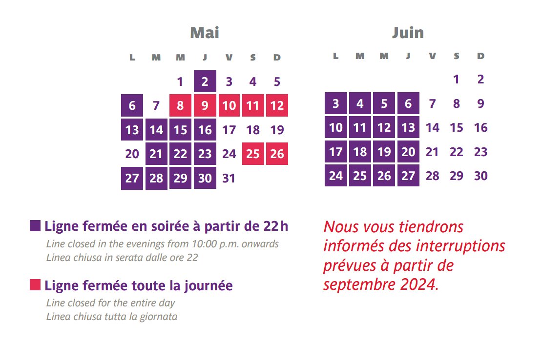 [#travaux #ligne14] ⚠️ En raison des travaux de prolongement, la ligne sera fermée : ➡️ dès 22h, les lundis, mardis, mercredis et jeudis soir, jusqu'au 27 juin 2024 inclus, sauf le 20 mai ➡️ toute la journée, du 8 au 12 mai ➡️ toute la journée, les 25 et 26 mai #RATP ⬇️