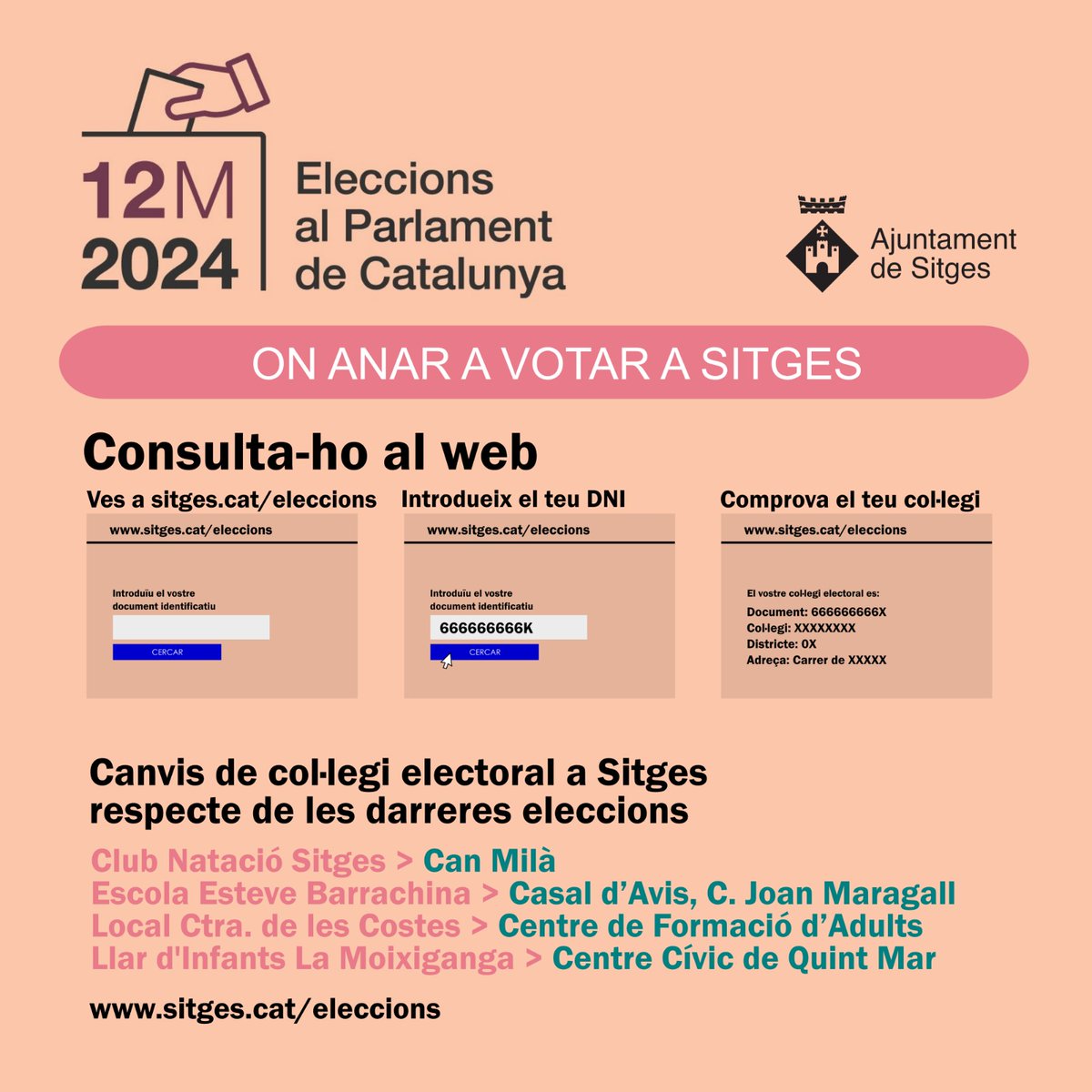 On anar a votar a #Sitges? ℹ️Canvis de col·legis: 🟩Can Milà - 🟥Club Natació 🟩Casal d'Avis Joan Maragall - 🟥Barrachina 🟩Centre de Formació d'Adults - 🟥Local municipal 🟩C. C. Quint Mar - 🟥La Moixiganga 👉Sitges.cat/eleccions
