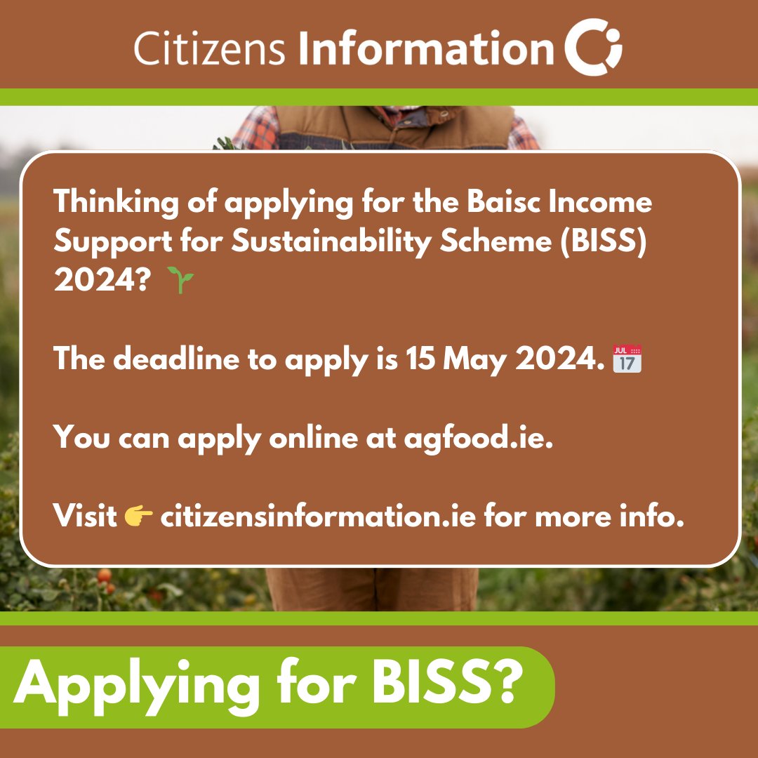 Are you a farmer? 🌱 Don't forget, the deadline to apply for the Basic Income Support for Sustainability Scheme (BISS) is 15 May 2024. 📅 BISS gives farmers money to farm sustainably. You apply online at agfood.ie. For more info, see 👉 bit.ly/BISSScheme