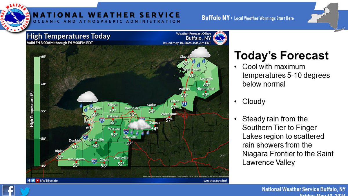 Cool today. An area of rain will move northward into the western Southern Tier to the Finger Lakes region today. Scattered showers are possible from the Niagara Frontier to the Saint Lawrence Valley.