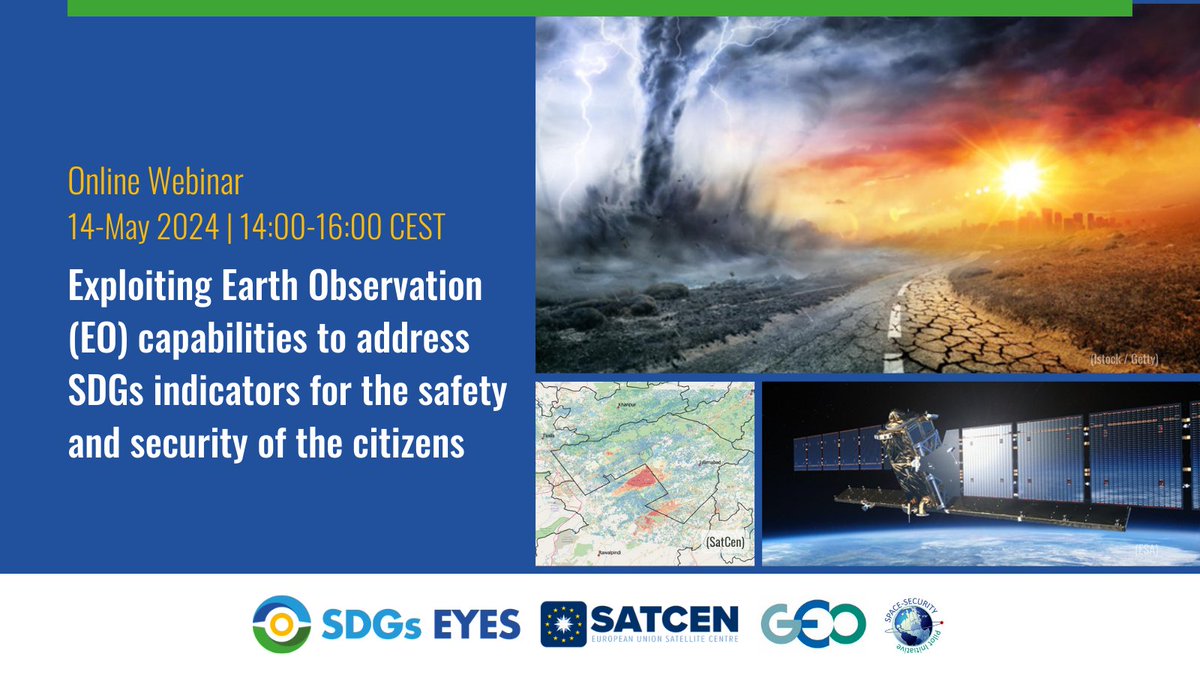 🚀 Join us on Tuesday - May 14, 14:00-16:00 CEST - for an ONLINE webinar Exploiting #EarthObservation (#EO) capabilities to address #SDGs indicators for the safety and security of the citizens.
👉Open to all interested actors: sdgs-eyes.eu/webinar-exploi…
#SDGsEYES #ClimateSecurity