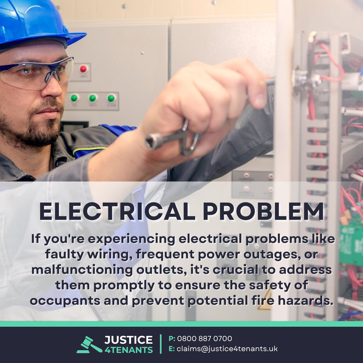 Electrical issues can be more than just an inconvenience; they pose serious safety risks. 

Connect with Justice4Tenants for expert help in ensuring your space is safe and secure. Your safety is our priority! 

#justice4tenants #housingdisrepair #TenantRights #ElectricalSafety