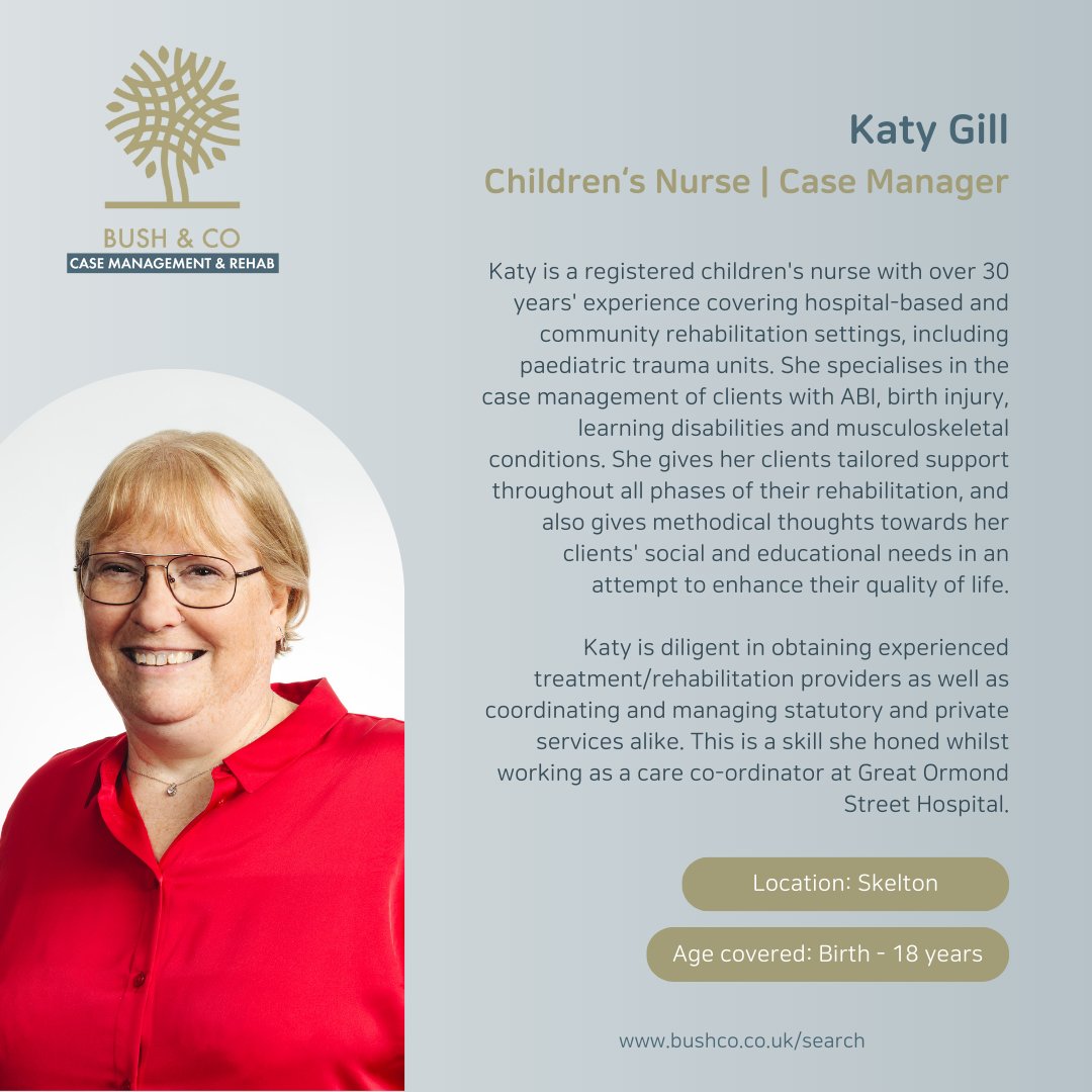 Based in North Yorkshire, case manager Katy Gill is a children's nurse with experience in the management of clients with birth injuries and ABI's to name a few. Katy gives tailored support to clients through all phases of rehabilitation. Find out more: eu1.hubs.ly/H08Y1Sz0
