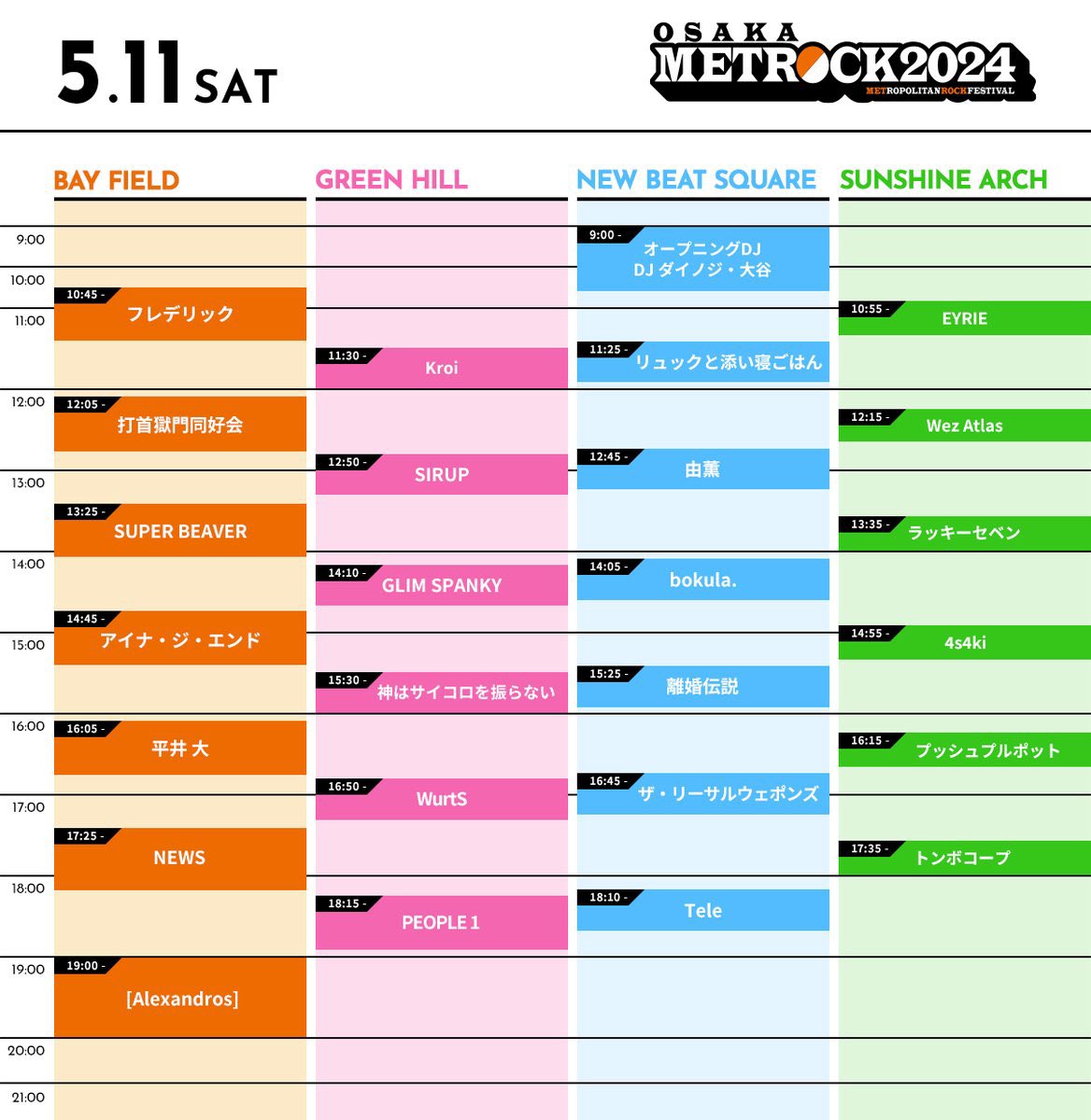 【 明 日！ 】 2024年5月11日(土) @海とのふれあい広場 「#METROCK2024」 我々 #SUPERBEAVER は 13:25〜 BAY FIELDに出演いたします🔥 (^•ω•^)〃 { 明日の物販ラインナップはこちら！皆様お待ちしております！ metrock.jp #メトロック