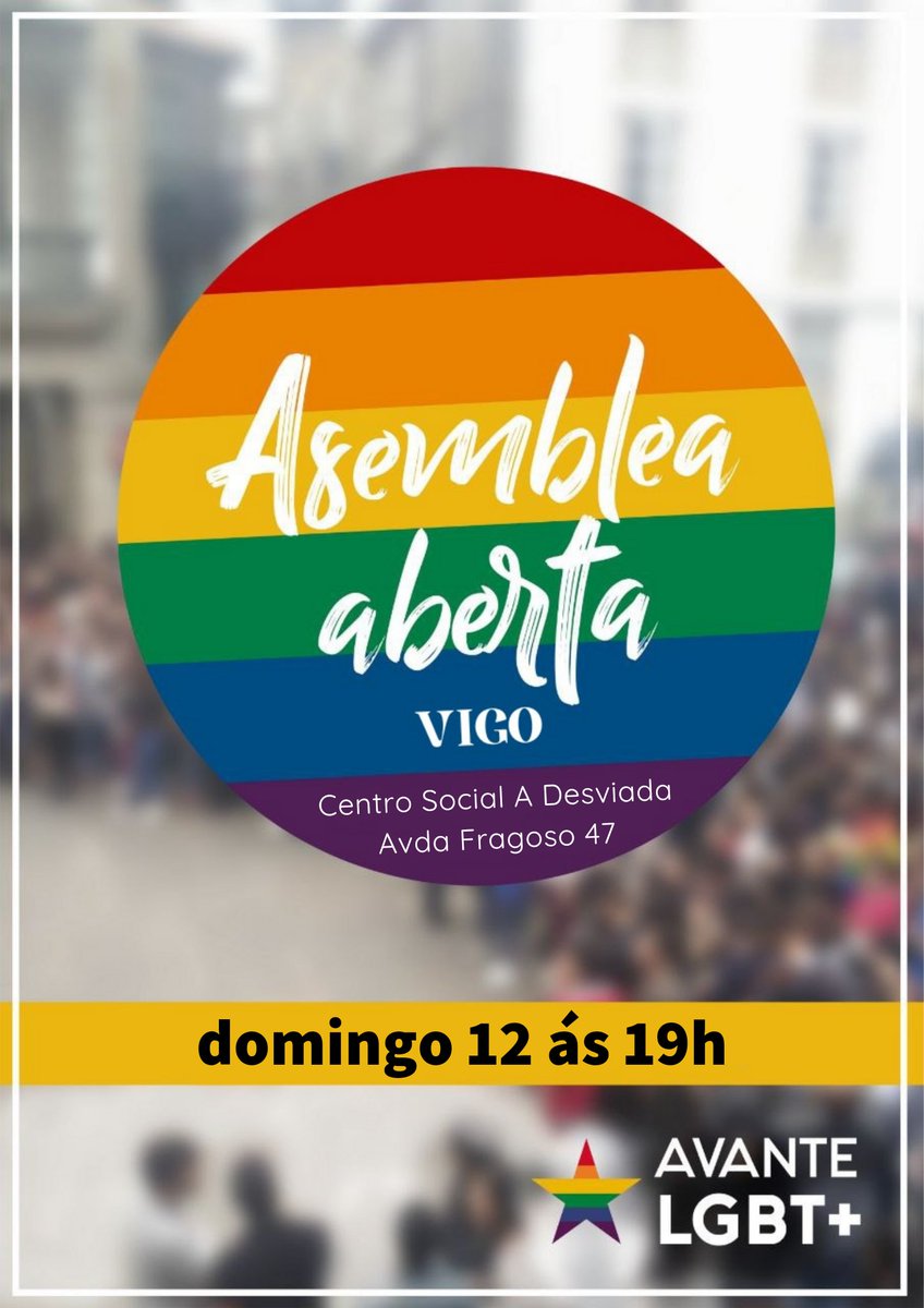 Asemblea aberta!! Novos proxectos que comezan 🏳️‍🌈 Este domingo día 12 reunímonos nunha nova asemblea aberta, terá lugar no novo centro social xestionado por Avante LGBT+ na Avenida Fragoso n°47. Toca organizar novos proxectos, novas propostas e falar do Orgullo 2024!!