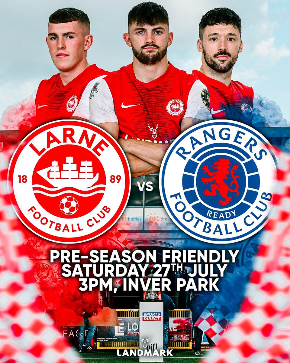 𝗟𝗮𝗿𝗻𝗲 𝗙𝗖 𝘅 𝗚𝗹𝗮𝘀𝗴𝗼𝘄 𝗥𝗮𝗻𝗴𝗲𝗿𝘀 🤝 We will face Rangers B at Inver Park on Saturday 27th July 🗓️ Join our ticket waiting list 👉 bit.ly/TicketWaitingL… #WeAreLarne #ForTheTown