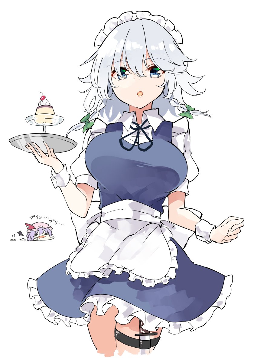 izayoi sakuya ,remilia scarlet breasts looking at viewer open mouth short hair blue eyes simple background shirt  illustration images