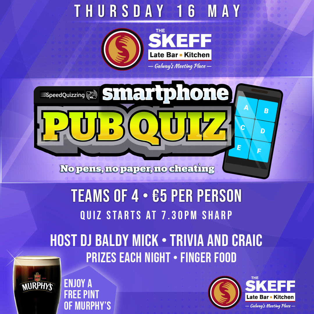 Midweek plans? Join us for our quiz night on Thursday 9th May and put your knowledge to the test! 🧠🍺 ⁠
⁠
Book your table via the link in our bio. ⁠
⁠⁠
#TheSkeffBar #SkeffBar #Galway #GalwayBar #ThisIsGalway #VisitGalway #EyreSquare #IrishBar #GalwayPub #Quiz #SpeedQuiz⁠