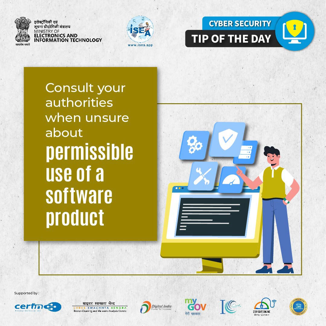 InfoSecAwa's tweet image. Consult with the network team before installing any software on office laptops or PCs.
#OfficeProtocols #NetworkTeam #SoftwareInstallation #ISEA #DigitalNaagrik #CyberSecurity #MEITY