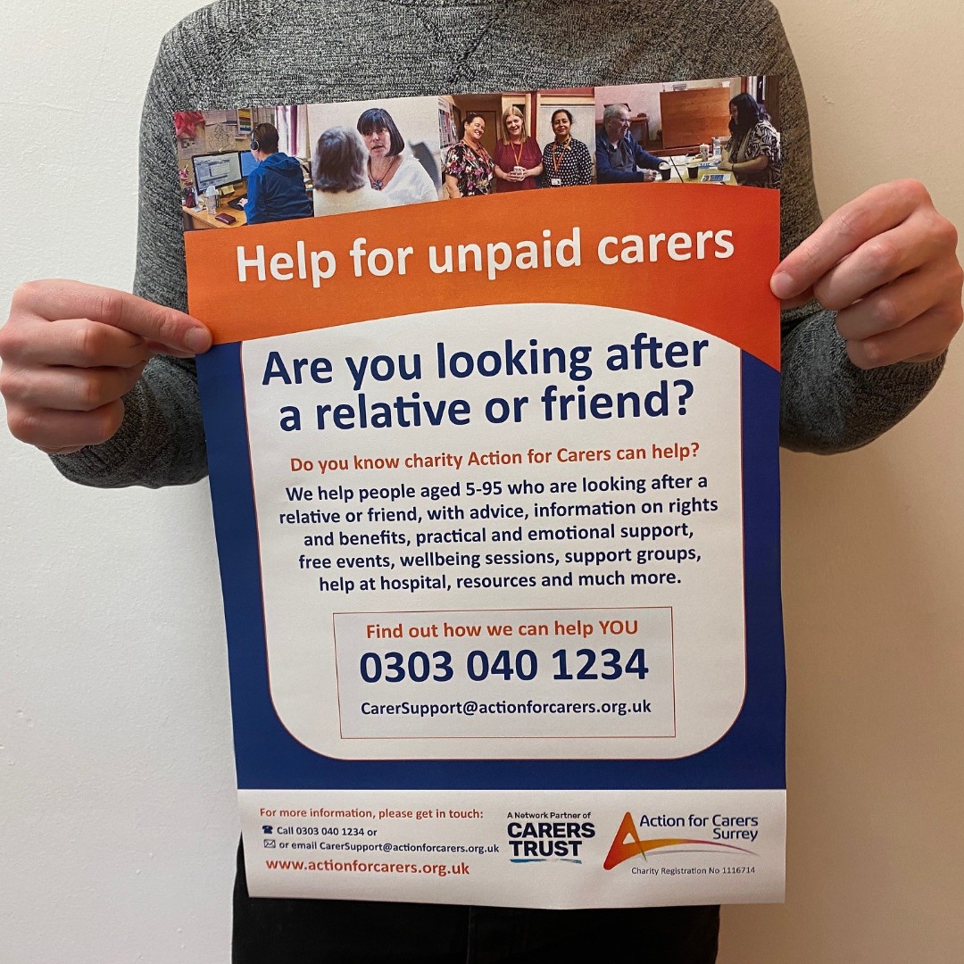 CAN YOU SHARE OUR POSTERS? We have various poster, aimed at helping unpaid carers in Surrey, aged 5-95, realise they ARE carers, and that there is help out there, from us, and others. Download all posters (and other materials) here actionforcarers.org.uk/about-us/our-p…