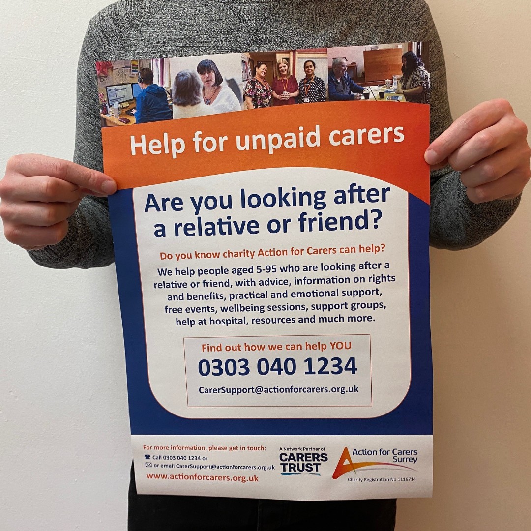 CAN YOU SHARE OUR POSTERS?

We have various poster, aimed at helping unpaid carers in Surrey, aged 5-95, realise they ARE carers, and that there is help out there, from us, and others. 

Download all posters (and other materials) here actionforcarers.org.uk/about-us/our-p…