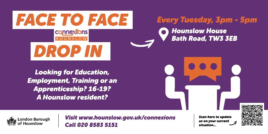 Hounslow young people aged 16-19 (or aged 16-25 with an education, health and care plan - EHCP) can meet the Connexions team at Hounslow House every Tuesday, 3-5pm, to get FREE support on education, employment, training or an apprenticeships. Details👉 hounslow.gov.uk/connexions