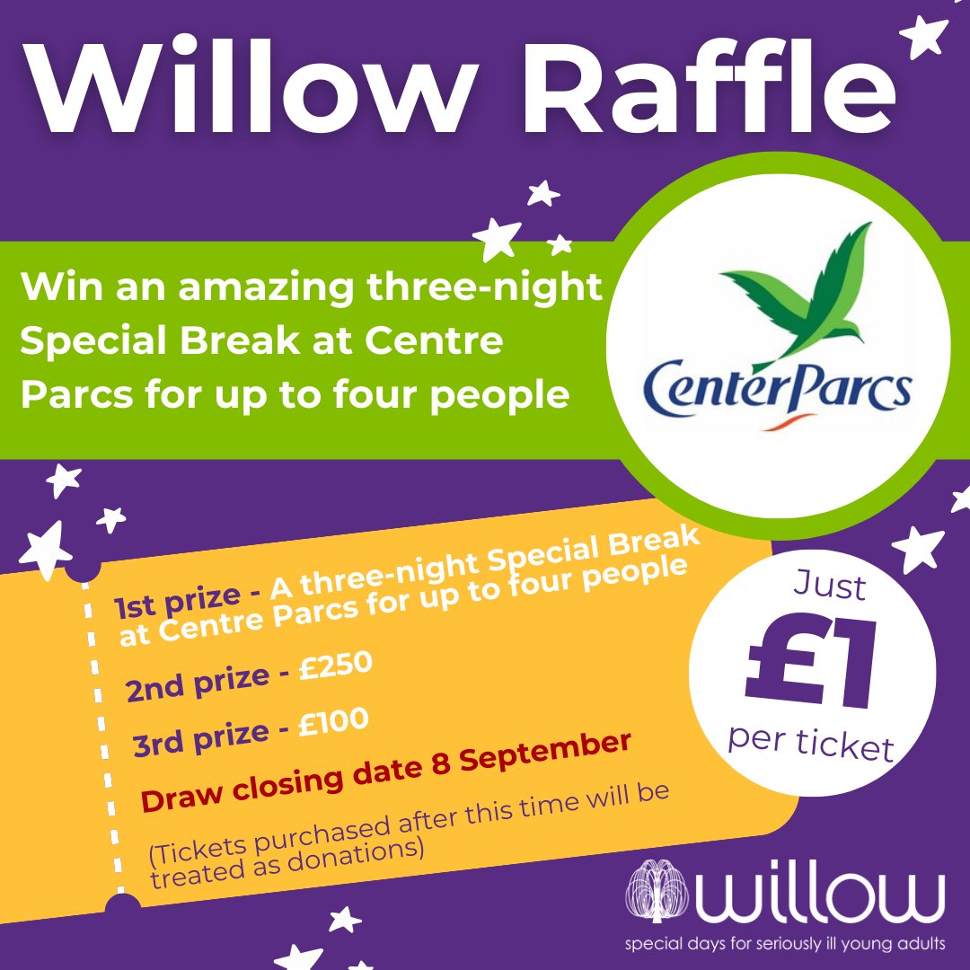 Have you got your Willow raffle ticket yet? You could win a family break at Center Parcs. Plenty of time left to enter. You have to be in it to win it ➡️ willowfoundation.org.uk/raffle/ #Willow #Win #Raffle #CenterParcs