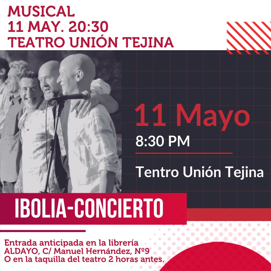 🎶 El quinteto musical IBOLIA llega al Teatro Unión Tejina el 11 de mayo a las 20:30 para brindarnos un espectacular concierto.
@LuisYerayAlcald @aytolalaguna_es