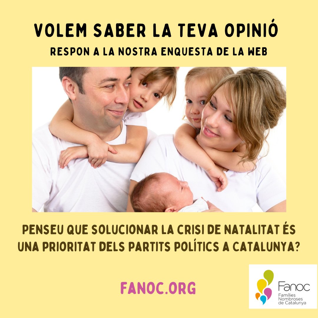 ➡️La teva opinió ens importa i ens agradaria saber si penseu que solucionar la crisi de natalitat és una prioritat dels partits polítics a Catalunya? 📌Respon a la nostra enquesta aquí fanoc.org/encuesta/natal…