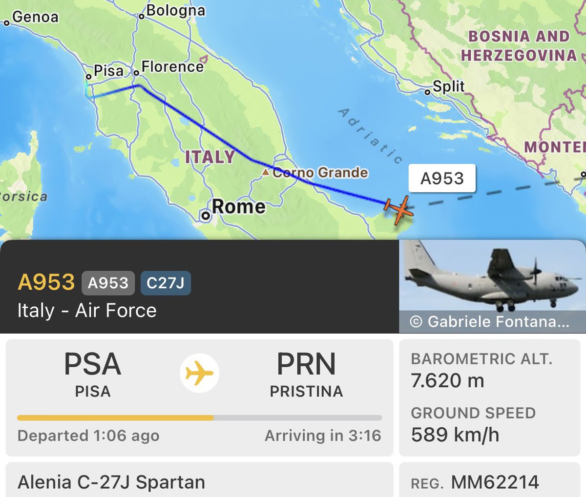 A953 - MM62214 - 33FFBF

Italian C-27J Spartan en route to Pristina, Kosovo.