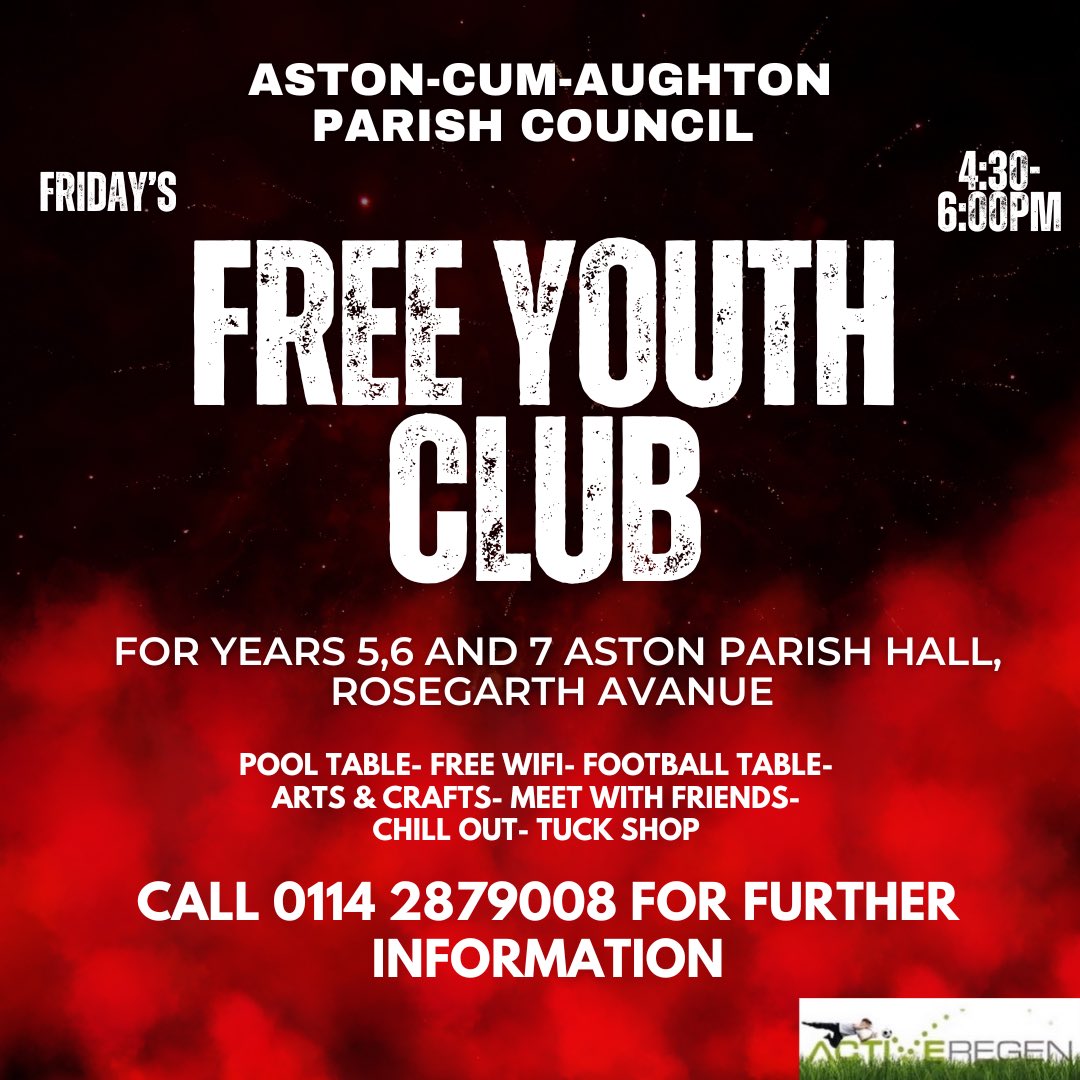 TONIGHT🙌

📍 Aston Parish Hall, Rosegarth Avenue 
⏰ 4:30-6:00pm 
🚸 For years 5, 6 and 7 

Please call 0114 2879008 for more information if wanting to sign up…
 
#activeregen #youthclub #rotherham #fun #activities #activitiesforkids #activeregenrotherham #rotherhamyouthclubs