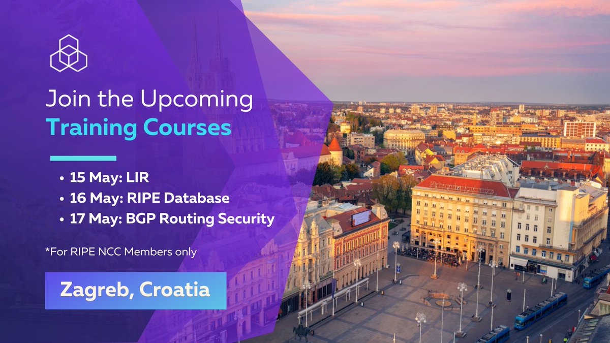 Calling members in #Croatia! 👋 Join our in-person training courses to learn about operating a Local Internet Registry (LIR), using the RIPE Database, and improving #BGP routing security. 📆 15-17 May 2024 ⏰ 9:00-17:30 CEST ✍️Register for free at: learning.ripe.net/w/upcoming/
