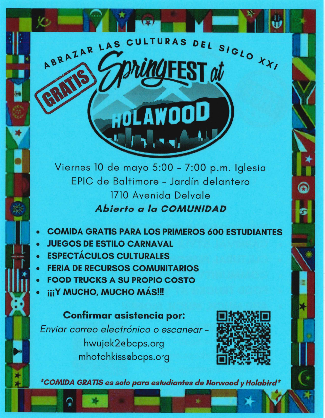 REMINDER!!! Springfest at Holawood today!!! 5-7PM New location: HOLABIRD STEM/MIDDLE DUE TO THE RAIN!!! RECORDATORIO: El Festival de Holawood es hoy!!! Nuevo Lugar: ESCUELA HOLABIRD STEM/MIDDLE DEVIDO AL CLIMA!!! 5-7PM SHARE!!! COMPARTA!!!