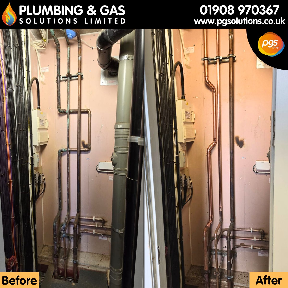 We completely replaced this pipework for a client. We replaced it all with new pipe, which will reduce the risk of a leak. Our technician also recognised that the pipework could be configured more efficiently, so we made some minor adjustments. 01908 970367 📞