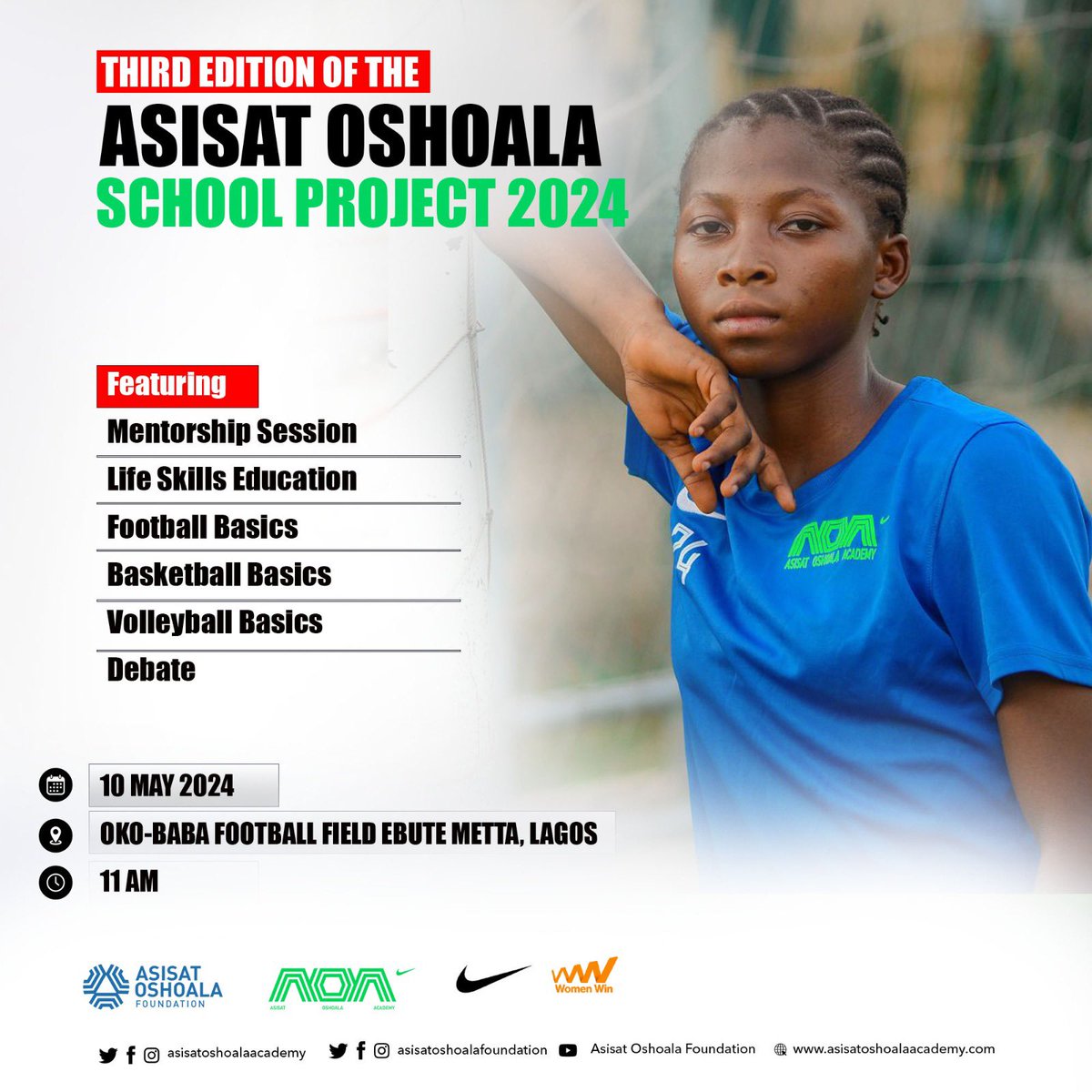 Thrilled to announce the 3rd edition of the Asisat Oshoala Academy School Project! 🌟 

Join us at Oko Baba Youth Centre, Ebute Meta, for an inspiring day filled with sports, leadership, and life skills sessions, alongside mentorship opportunities. 

#SchoolProject