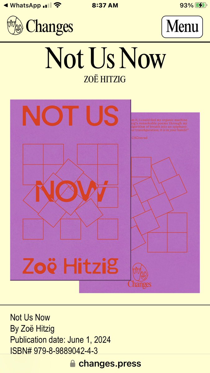 You want this astonishing book! ⁦<a href="/zhitzig/">Zoë Hitzig</a>⁩ ‘s second is poetry which will be read to fathom who we were long after this disintegration is history. Thank you ⁦<a href="/changes_press/">Changes</a>⁩ for this beauty.

changes.press/book/not-us-no…