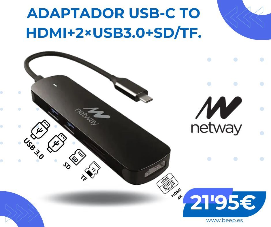 👉 Adaptador USB _C con conexciones para HDMI + 2 USB 3.0 + SD + TF NETWAY disponible en BEEP Informática Monforte del Cid por 21'95€.

#conexiones #adapatador #USBC #conecta #HDMI #USB #SD #TF #Netway #Iloveblue #Ilovetechnology #iloveBEEP