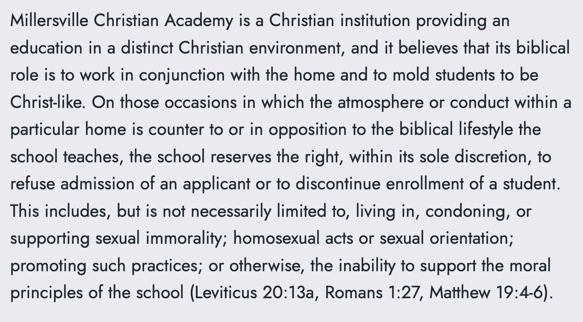 JustinParmenter's tweet photo. NC's Millersville Christian Academy got $863,953 in public voucher funds this year.

MCA bars admission to LGBTQ+ students, and if a student is even discovered to have an LGBTQ+ family member they'll be expelled.

Public dollars shouldn't subsidize discrimination. 
#nced #ncpol https://t.co/2StI0QEwqT