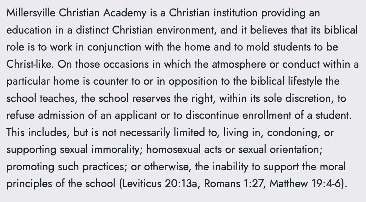 NC's Millersville Christian Academy got $863,953 in public voucher funds this year.

MCA bars admission to LGBTQ+ students, and if a student is even discovered to have an LGBTQ+ family member they'll be expelled.

Public dollars shouldn't subsidize discrimination. 
#nced #ncpol